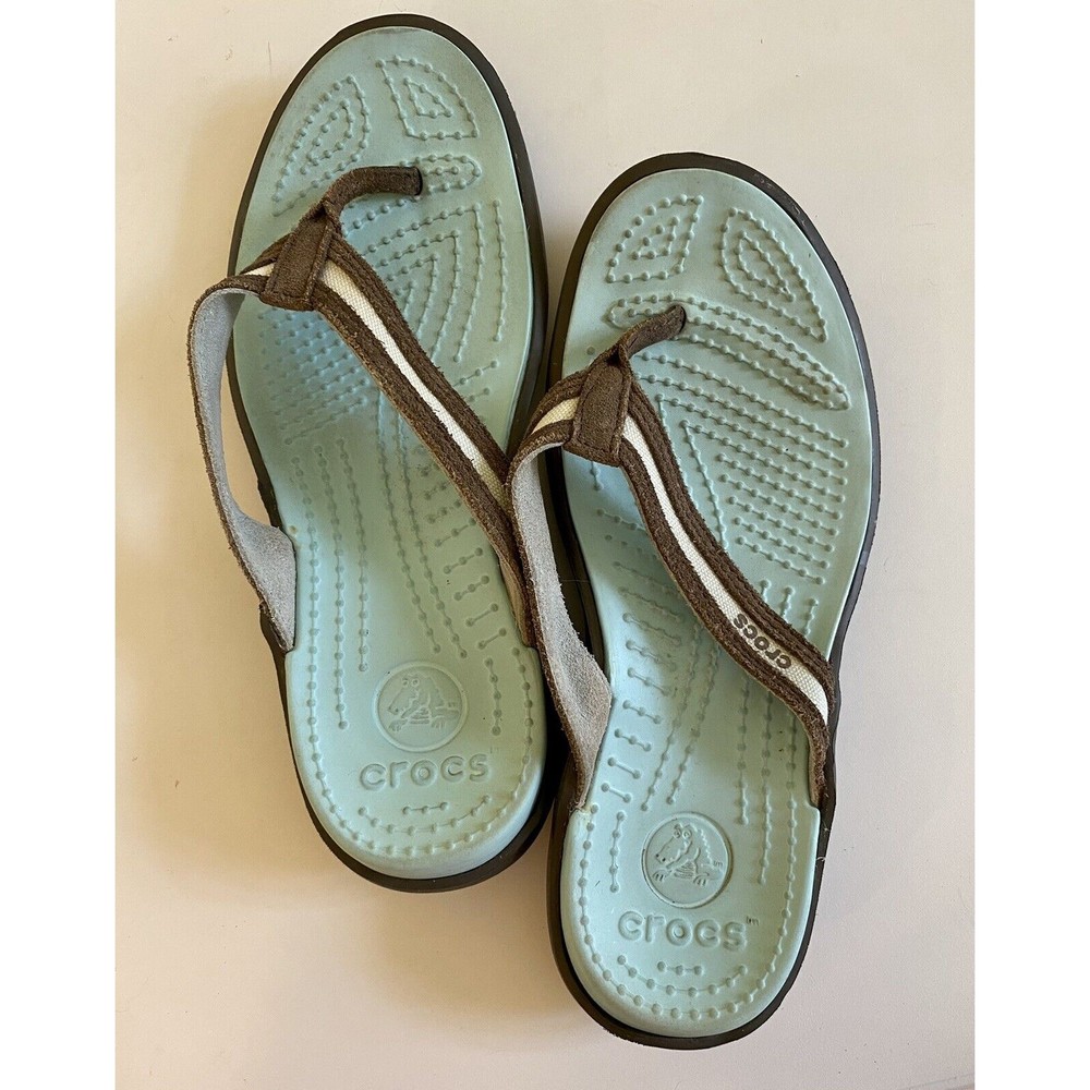 Crocs Women's Blue & Brown Flip Flop Wedge Sandal Size 6 Comfort Slip On